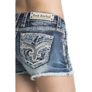 ROCK REVIVAL Blue Nisha Embellished Pocket Distressed Denim Jean Shorts Fray 28